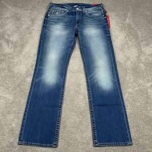 True Religion Ricky Mens Relaxed Straight Jeans 33 Blue 5 Pockets Big Flap NEW